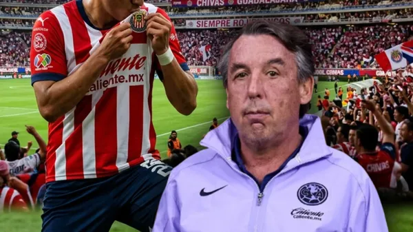 Ilustración de jugador de Chivas besando el escudo y Emilio Azcárraga en el Azteca