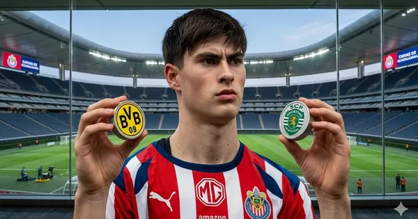 Ilustración digital de Armando González y logos de equipos europeos