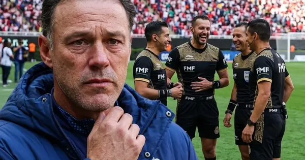 Ilustración digital de Gabriel Milito preocupado por el arbitraje