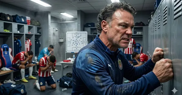 Ilustración digital de Gabriel Milito enojado en el vestidor de Chivas