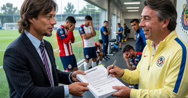 Ilustración digital de Matías Almeyda recibiendo contrato del América