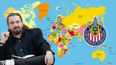 Amaury en un mapa mundial y el logo de Chivas