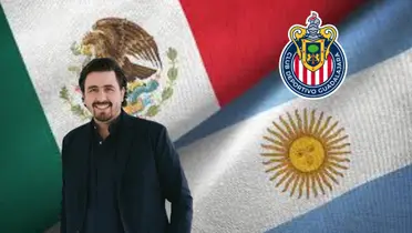 Amaury y el escudo de Chivas con la bandera de México y Argentina
