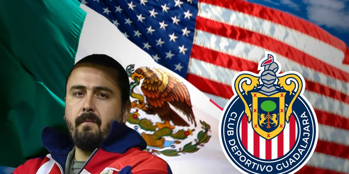 Amaury y el escudo de Chivas con las banderas de México y Estados Unidos