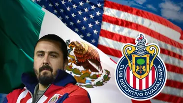 Amaury y el escudo de Chivas con las banderas de México y Estados Unidos
