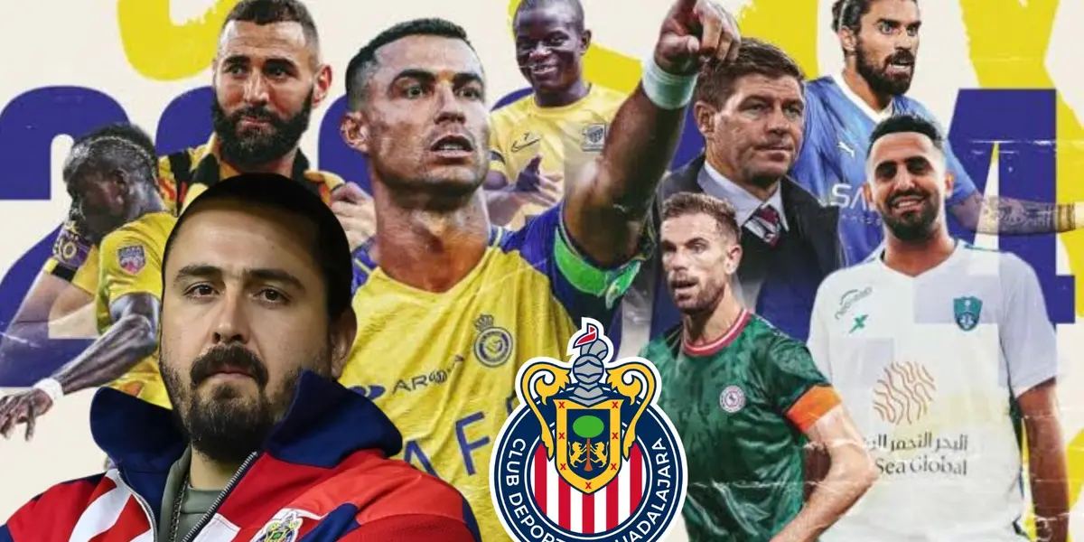Amaury y el Escudo de Chivas con las figuras del fútbol árabe