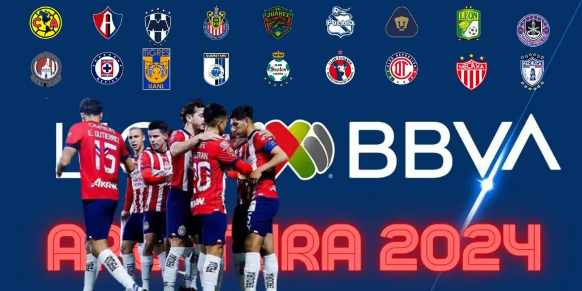 Jugadores de Chivas con los escudos de clubes de la Liga MX