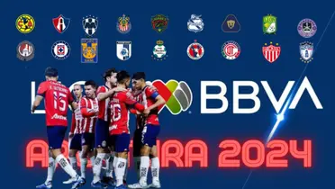 Jugadores de Chivas con los escudos de clubes de la Liga MX