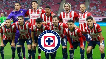 Jugadores de Chivas y el escudo de Cruz Azul
