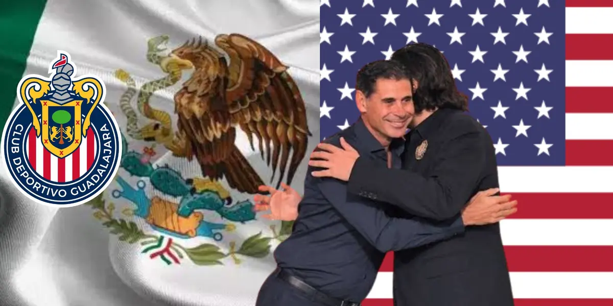 Logo de Chivas, Hierro y Amaury se abrazan y las banderas de México y Estados Unidos 