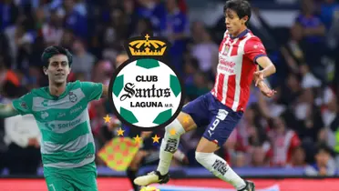 Macías en partido con Chivas y con la camiseta y el escudo de Santos
