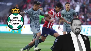 Macías jugando vs Atlas y Amaury Vergara con el escudo de Santos