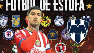 Pocho Guzmán con el logo de Rayados y de los clubes de la Liga MX