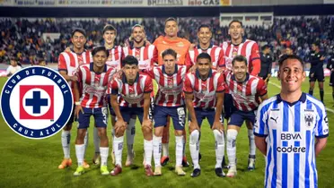 Romo con la de Monterrey y jugadores de Chivas con el escudo de Cruz Azul