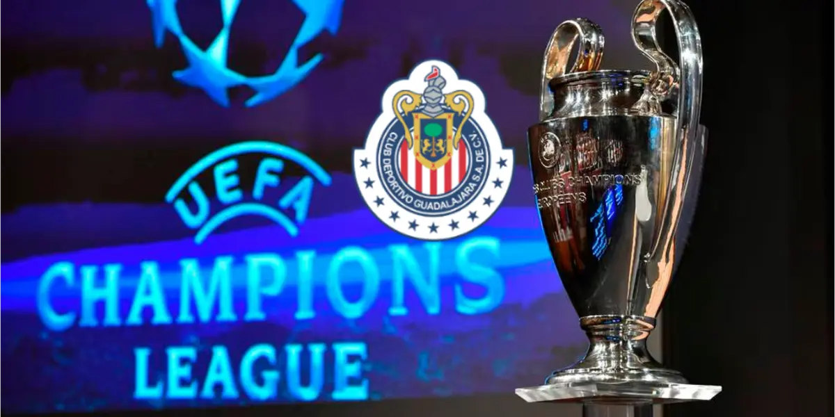 Trofeo de la Champions League en la derecha, a la izquierda escudo de Chivas / UEFA 