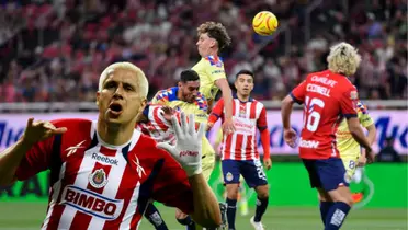 Bofo celebrando y jugadores de Chivas disputando el balón vs América 