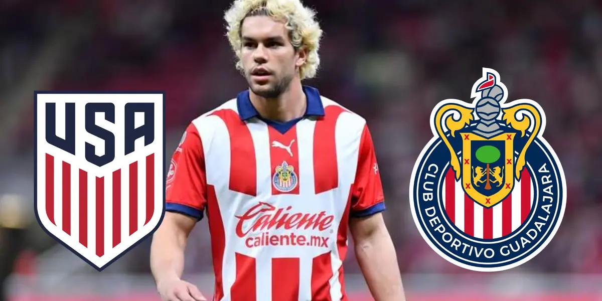 Cowell con el escudo de USA y el de Chivas