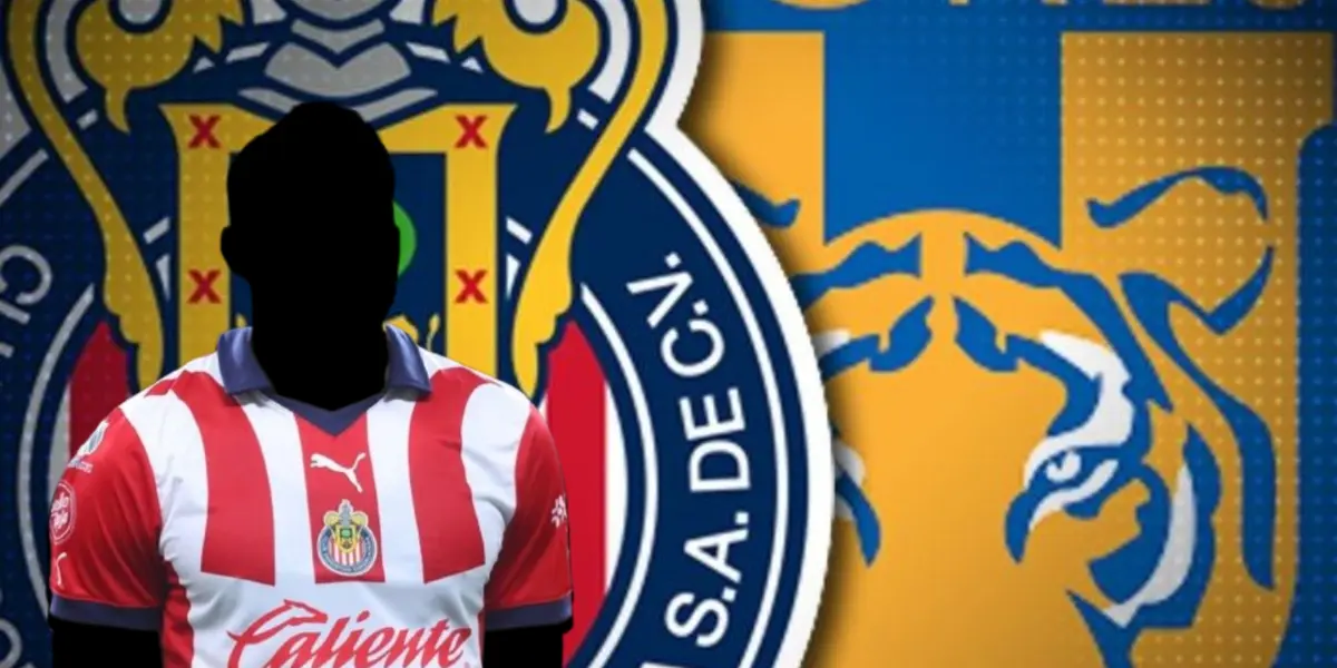 Jugador incógnito de Chivas junto a escudos de Chivas y Tigres / FOTO SOY FÚTBOL