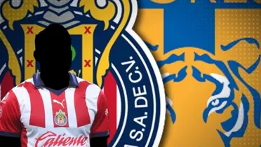 Jugador incógnito de Chivas junto a escudos de Chivas y Tigres / FOTO SOY FÚTBOL