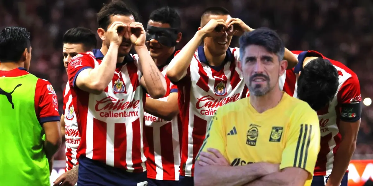 Jugadores de Chivas celebrando y Pauno con Tigres