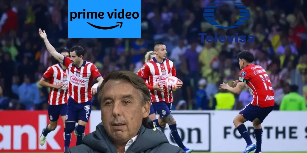 Jugadores de Chivas con Azcárraga y los logos de Televisa y Amazon