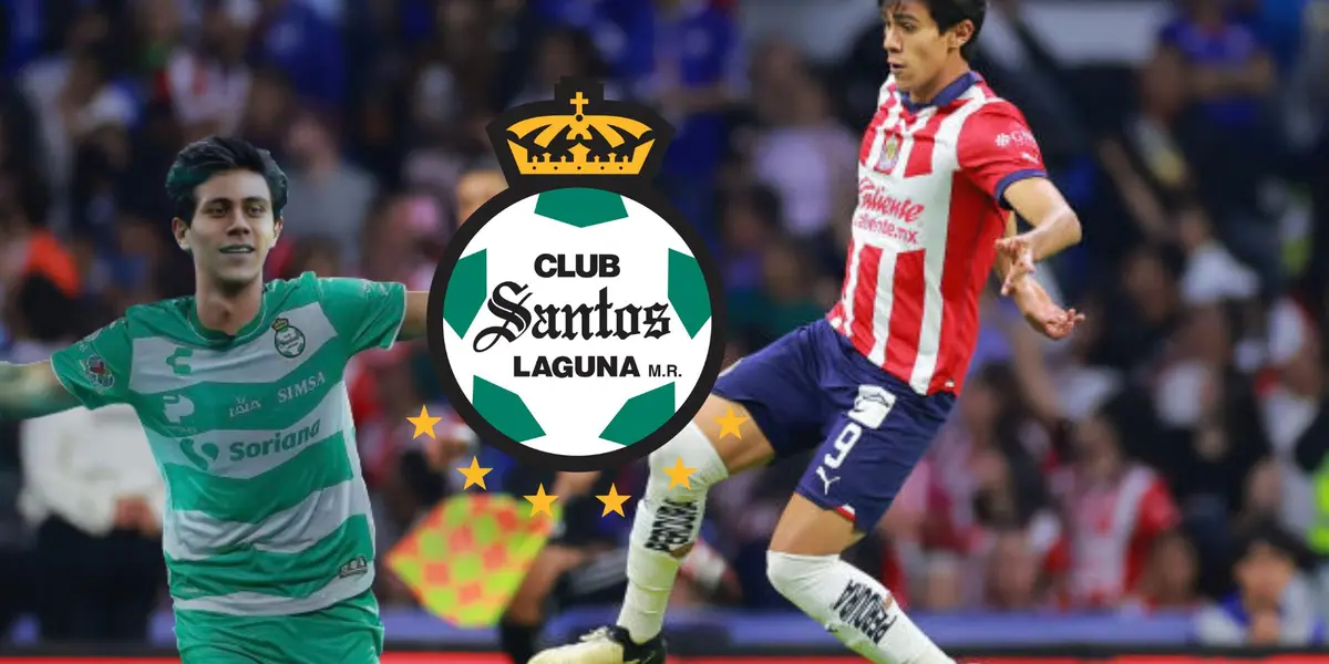 Macías en partido con Chivas y con la camiseta y el escudo de Santos