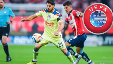 Pocho y Henry disputando un balón y el logo de la UEFA